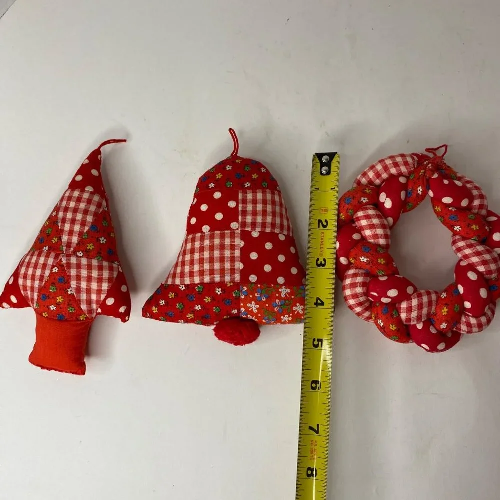 Handcrafted Red Patchwork Christmas Decoration Set Plush Tree Bell Wreath Rustic